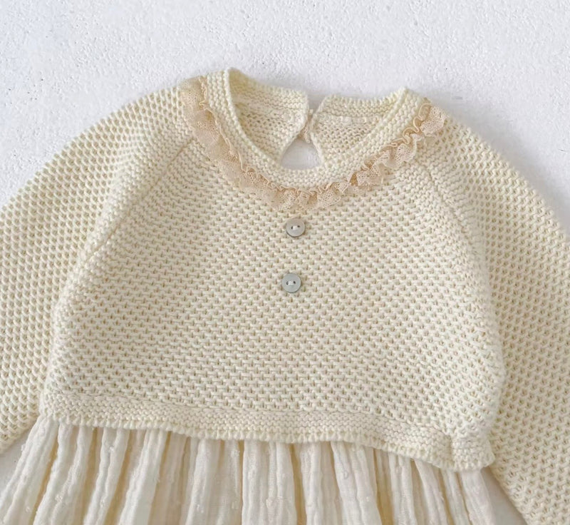 Load image into Gallery viewer, Baby girl ivory cotton and knit romper – Autumn-Winter
