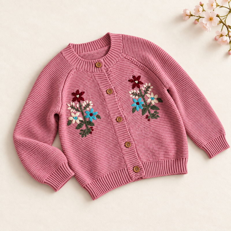 Load image into Gallery viewer, Cardigan fille rose en tricot avec broderies florales - Pré-commande
