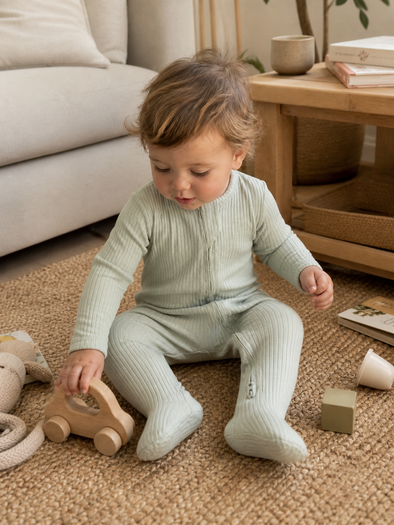 Load image into Gallery viewer, Pistachio ribbed organic cotton baby footie
