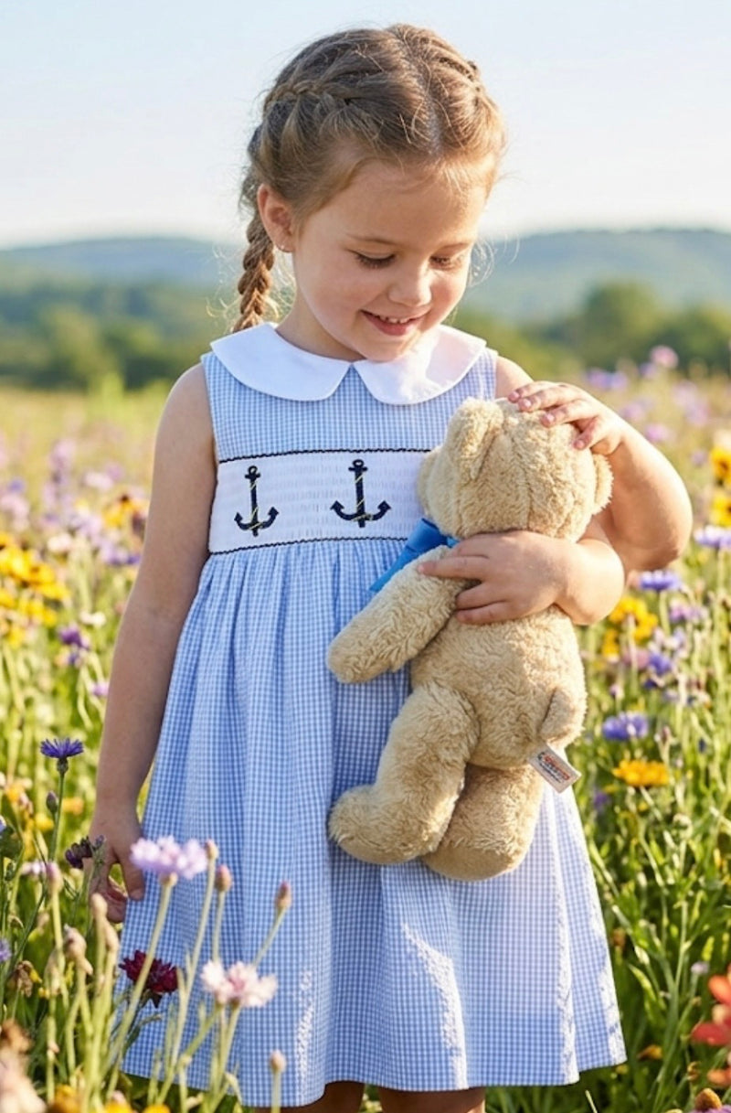Load image into Gallery viewer, Baby girl's blue checkered cotton dress
