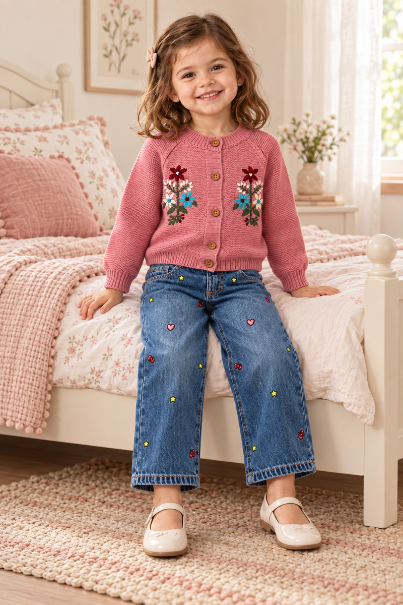 Load image into Gallery viewer, Jeans fille à jambes larges et petits motifs brodés -Pre-commande
