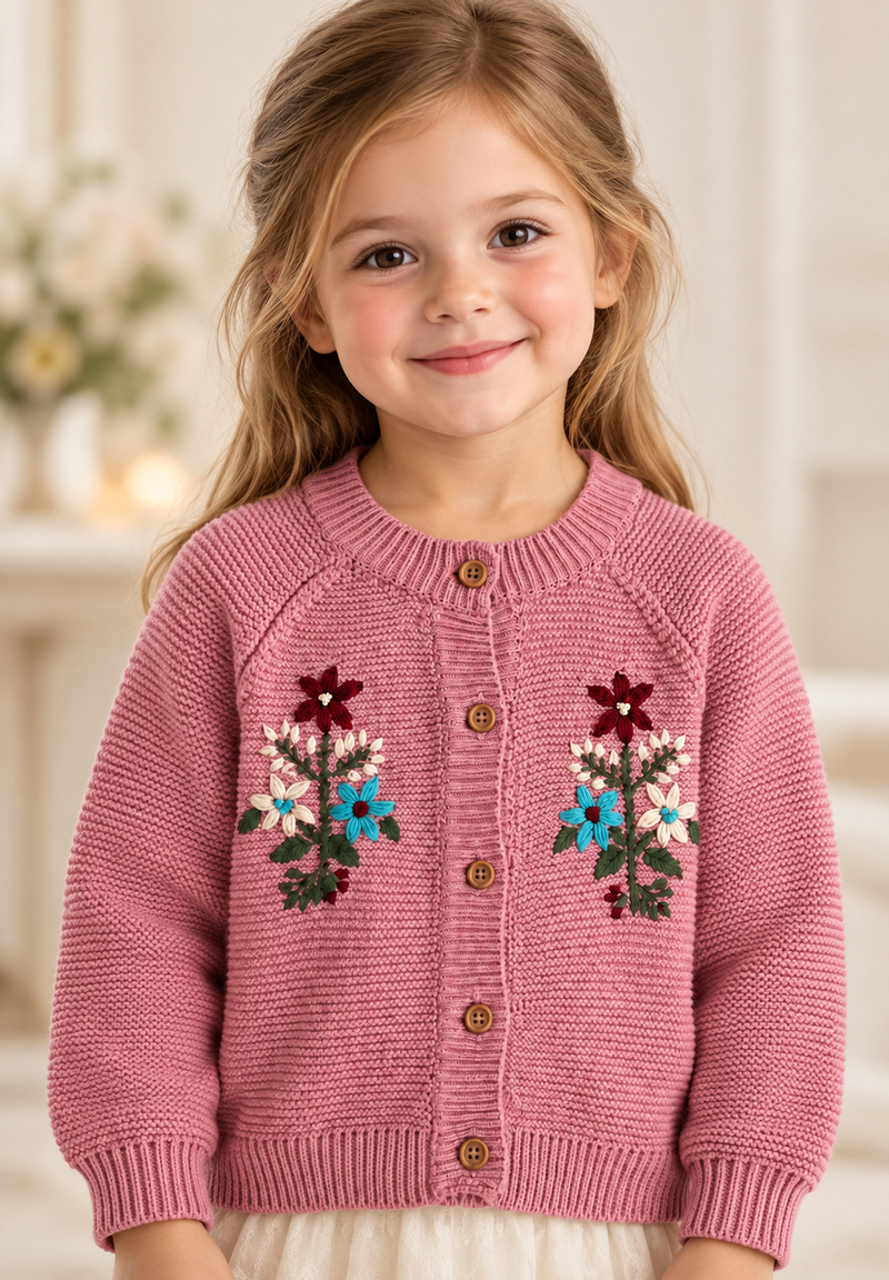 Chargez l'image dans la visionneuse de la galerie, Cardigan fille rose en tricot avec broderies florales - Pré-commande
