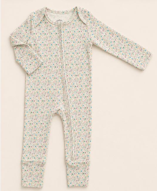 Organic cotton romper with small flowers, khaki and lilac