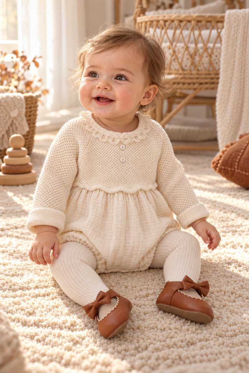 Load image into Gallery viewer, Baby girl ivory cotton and knit romper – Autumn-Winter
