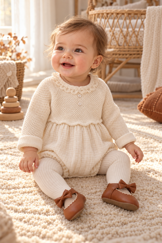 Barboteuse bébé fille en coton et tricot ivoire – Automne-Hiver