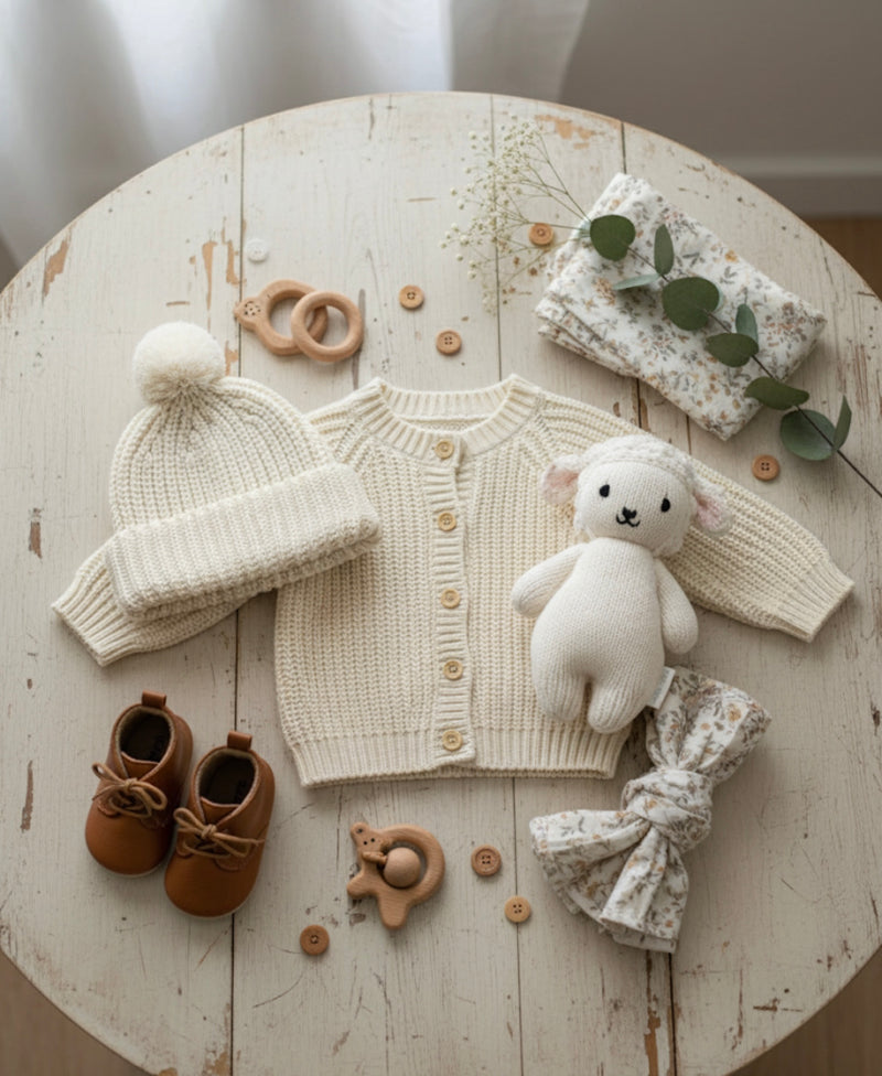 Chargez l'image dans la visionneuse de la galerie, Bonnet bébé en tricot ivoire avec pompon en coton doux – Kali
