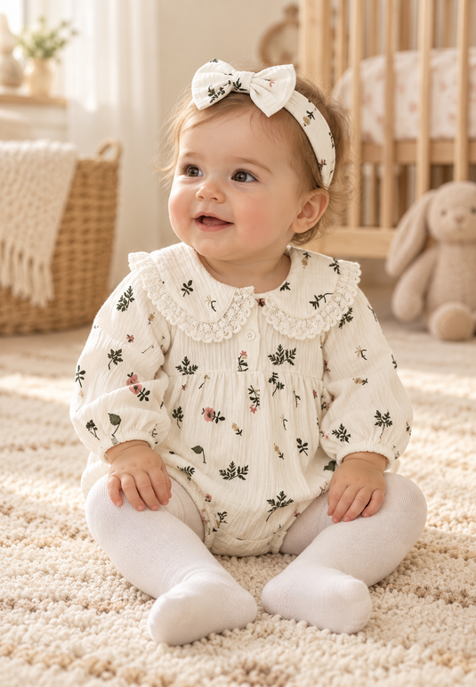 Barboteuse bébé fleurie en coton avec bandeau assorti