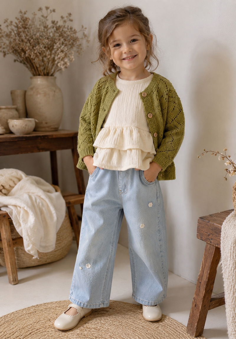 Load image into Gallery viewer, Olive openwork knit cardigan for baby and girl – Fall-Winter

