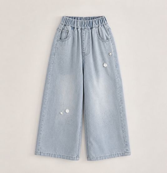 Jean en denim coupe large pour fille avec broderies – Automne-Hiver