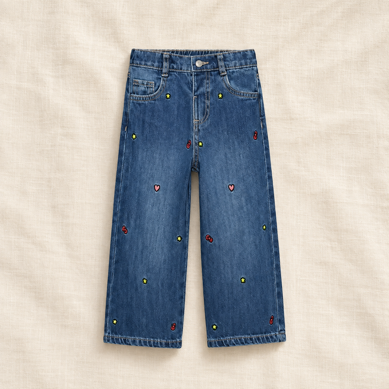 Load image into Gallery viewer, Jeans fille à jambes larges et petits motifs brodés -Pre-commande

