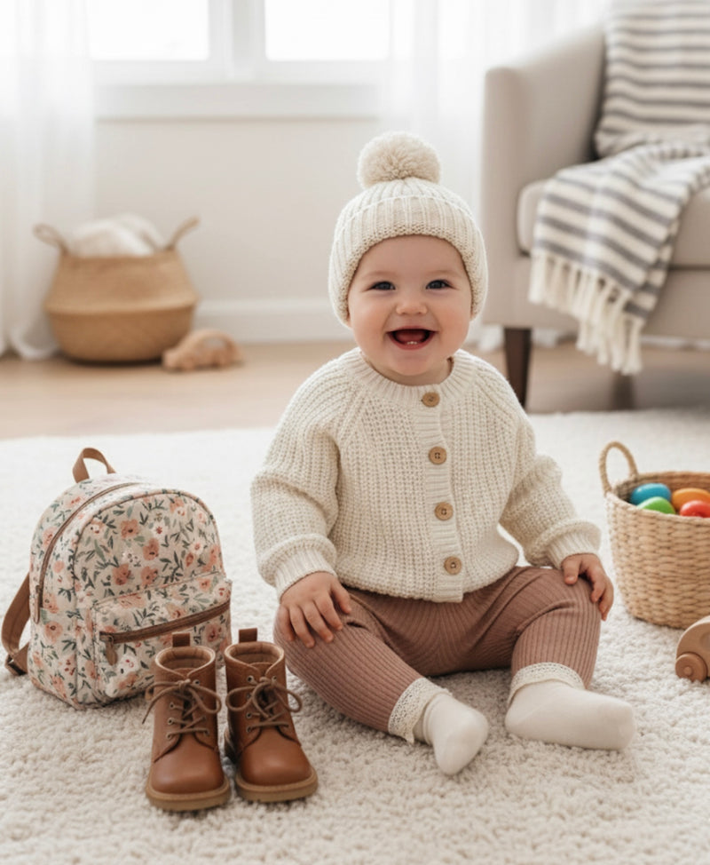 Chargez l'image dans la visionneuse de la galerie, Bonnet bébé en tricot ivoire avec pompon en coton doux – Kali
