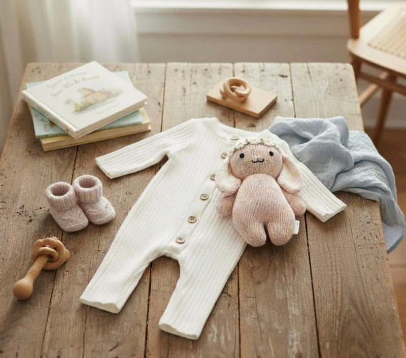 Chargez l'image dans la visionneuse de la galerie, Barboteuse bébé unisexe blanche en tricot de coton – manches longues
