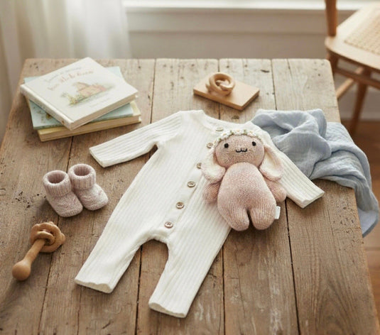 Barboteuse bébé unisexe blanche en tricot de coton – manches longues