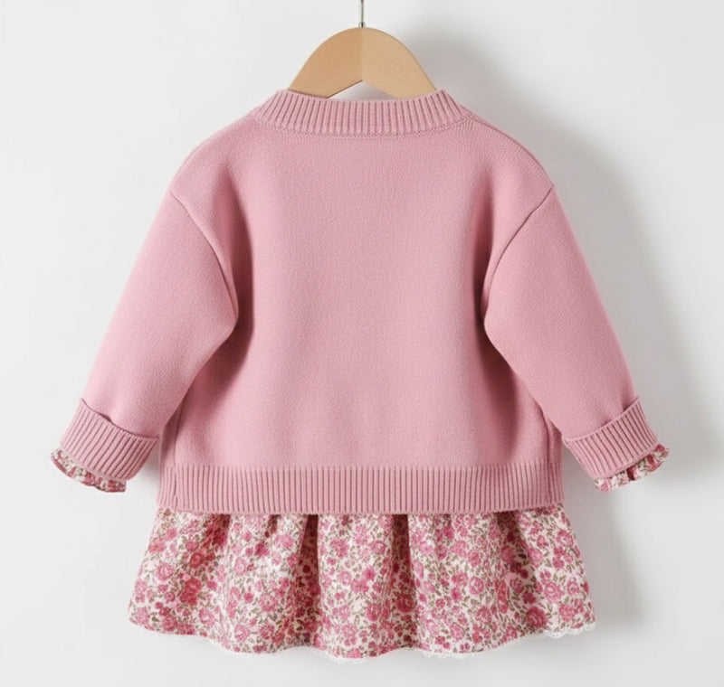Chargez l'image dans la visionneuse de la galerie, Ensemble filles deux pièces robe florale avec cardigan doux– Kaki lilas
