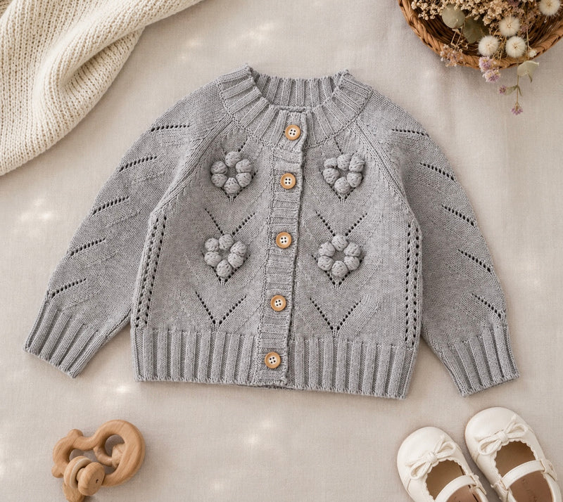 Load image into Gallery viewer, Girls' Grey Knitted Daisy Cardigan – Autumn-Winter

