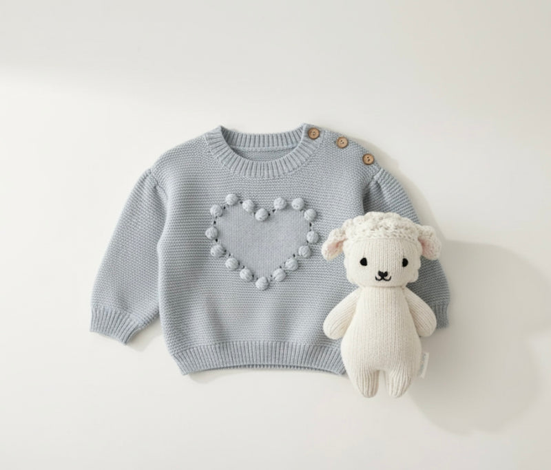 Load image into Gallery viewer, Soft cotton baby girl sweater with embroidered heart – Khaki Lilac
