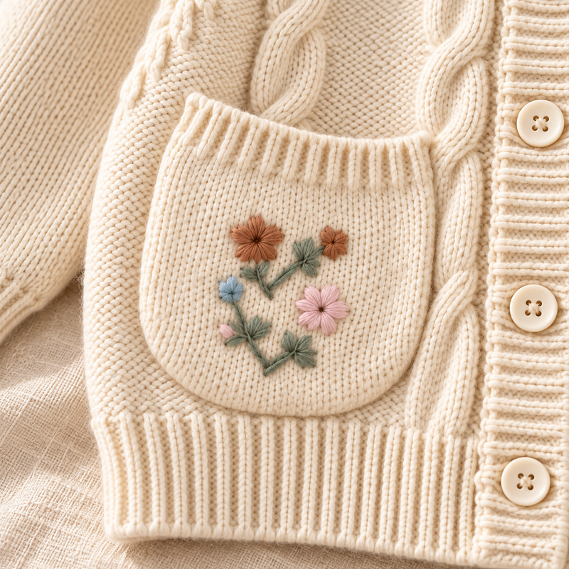 Chargez l'image dans la visionneuse de la galerie, Cardigan fille en tricot ivoire à fleurs brodées - Pré-commande
