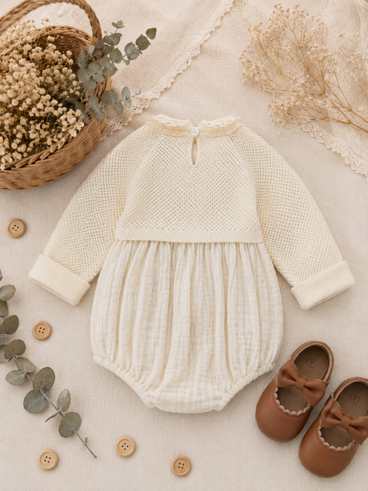 Baby girl ivory cotton and knit romper – Autumn-Winter
