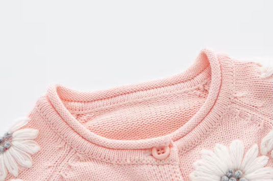 Girl's knitted pink cotton romper with floral embroidery and bonnet – Kali