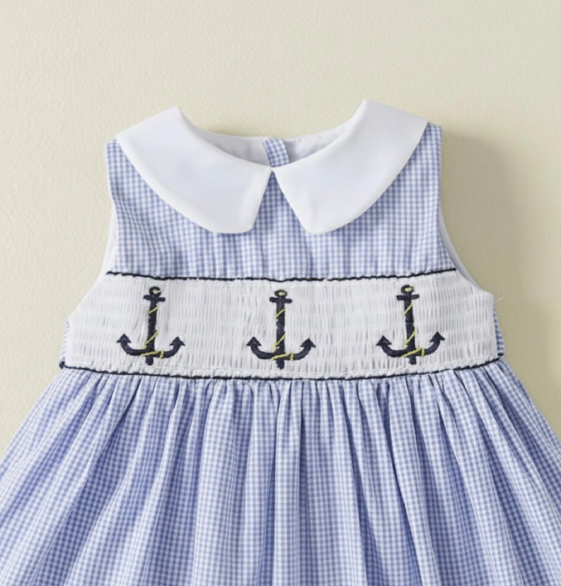Load image into Gallery viewer, Baby girl's blue checkered cotton dress
