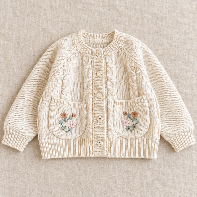 Chargez l'image dans la visionneuse de la galerie, Cardigan fille en tricot ivoire à fleurs brodées - Pré-commande
