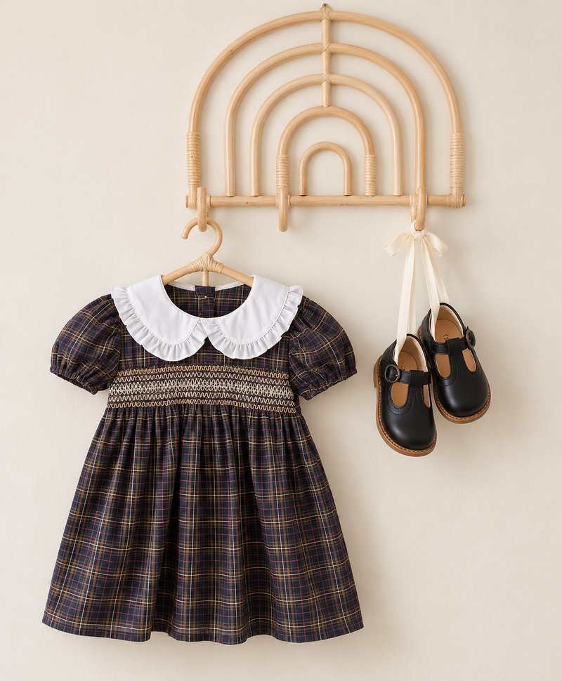 Load image into Gallery viewer, Robe fille à carreaux et col Claudine 🤎
