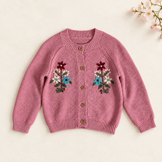 Cardigan fille rose en tricot avec broderies florales - Pré-commande
