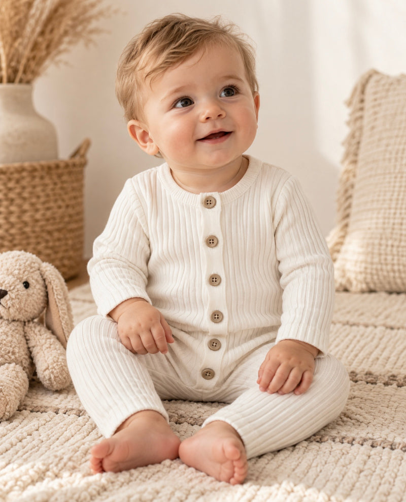 Chargez l'image dans la visionneuse de la galerie, Barboteuse bébé unisexe blanche en tricot de coton – manches longues
