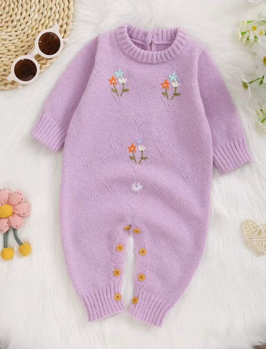 Lilac embroidered soft knit baby girl romper