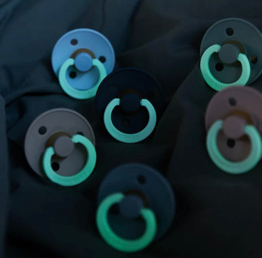 Pack containing two latex Bibs pacifiers in Blus Glow/Vanilla Glow
