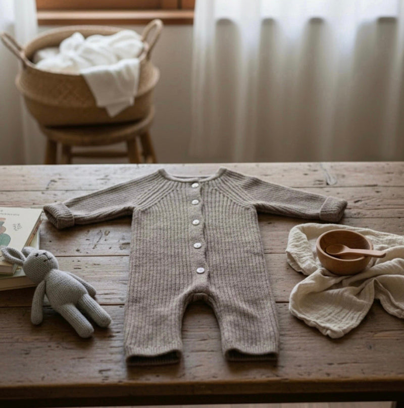 Chargez l'image dans la visionneuse de la galerie, Combinaison bébé garçon tricot coton – Kaki lilas
