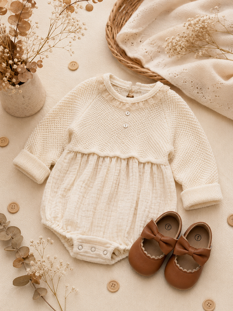 Load image into Gallery viewer, Baby girl ivory cotton and knit romper – Autumn-Winter
