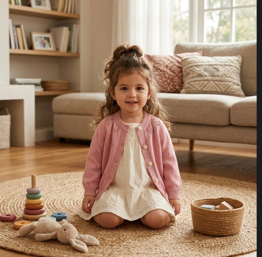 Girls' ivory & pink gingham cardigan