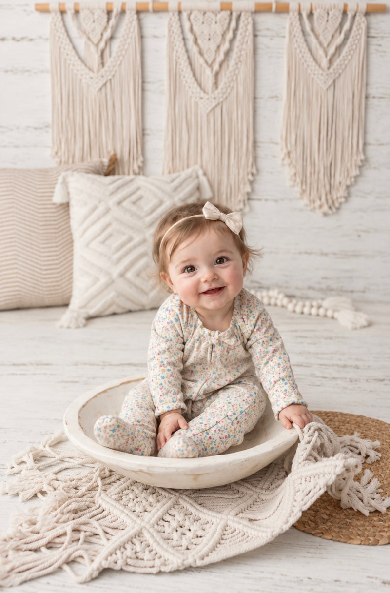 Load image into Gallery viewer, Organic cotton romper with small flowers, khaki and lilac
