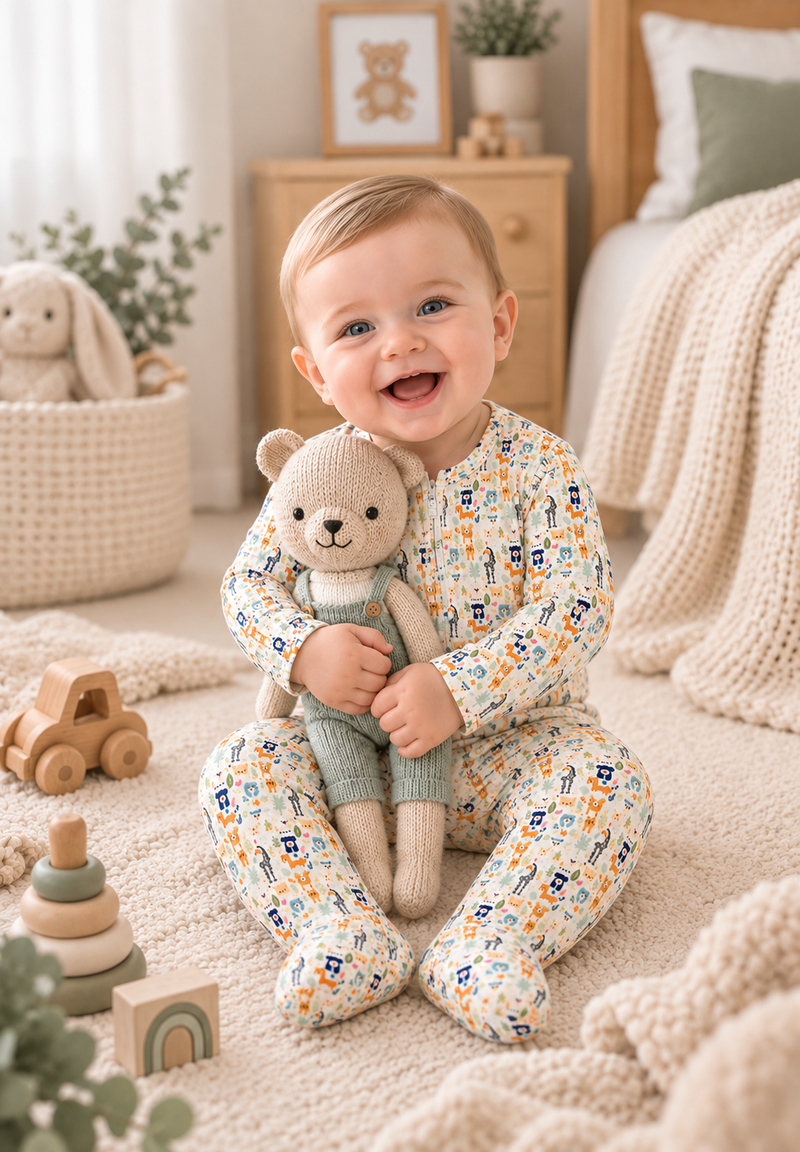 Load image into Gallery viewer, Organic Cotton Baby Boy Romper with Fun Animal Print – Khaki Lilac
