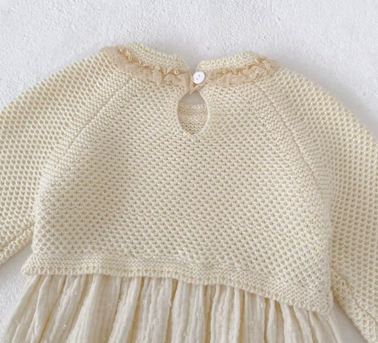Baby girl ivory cotton and knit romper – Autumn-Winter