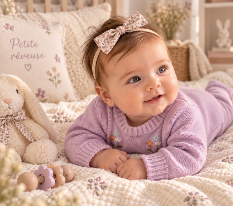Chargez l'image dans la visionneuse de la galerie, Combinaison bébé fille en tricot doux lilas brodée
