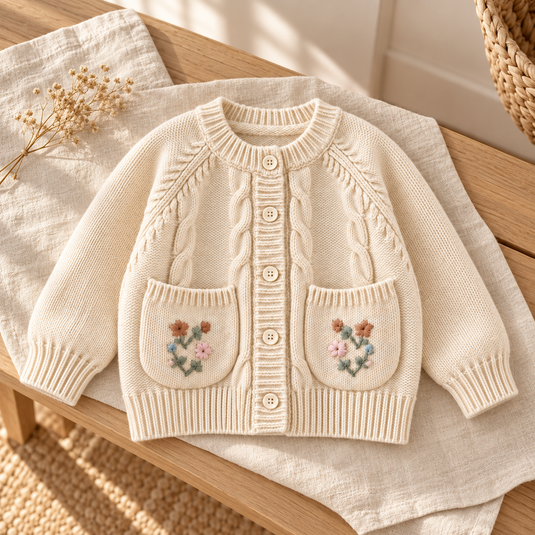 Cardigan fille en tricot ivoire à fleurs brodées - Pré-commande