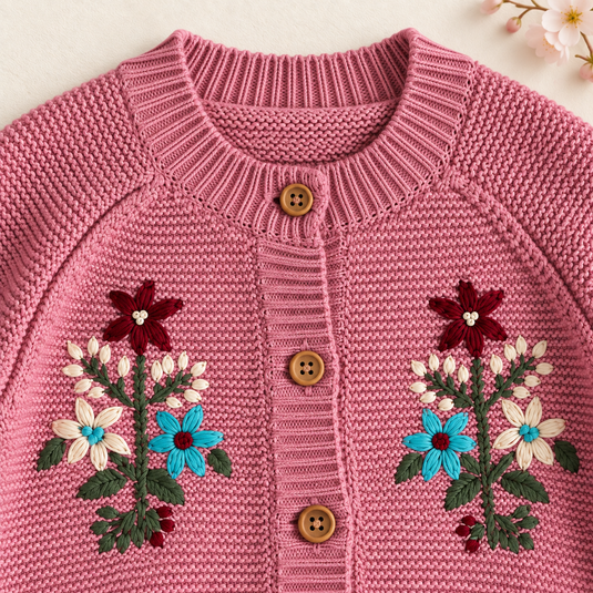 Cardigan fille rose en tricot avec broderies florales - Pré-commande