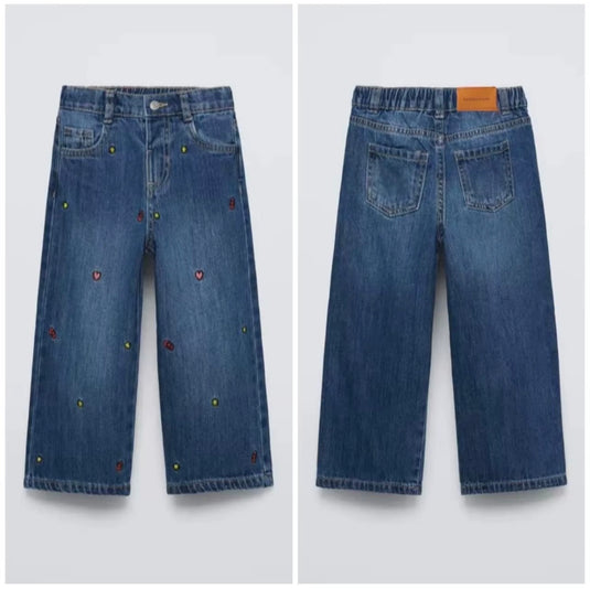 Jeans fille à jambes larges et petits motifs brodés -Pre-commande