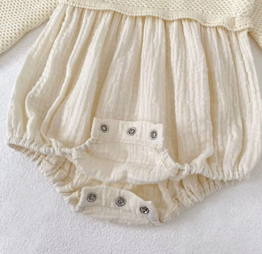 Baby girl ivory cotton and knit romper – Autumn-Winter