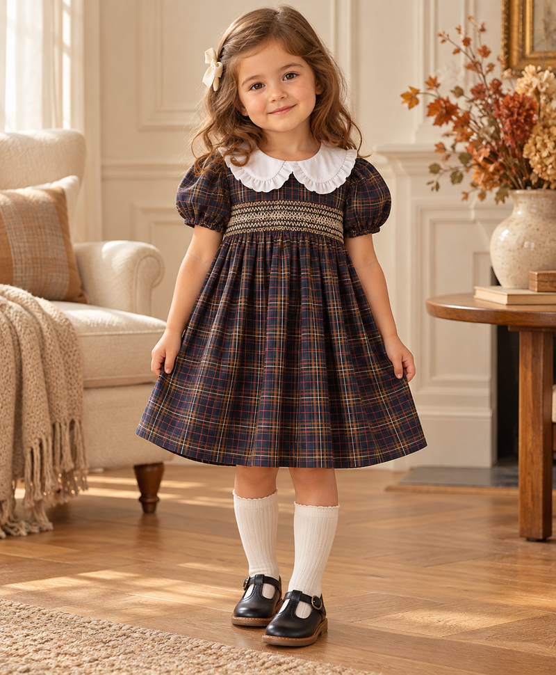 Load image into Gallery viewer, Robe fille à carreaux et col Claudine 🤎
